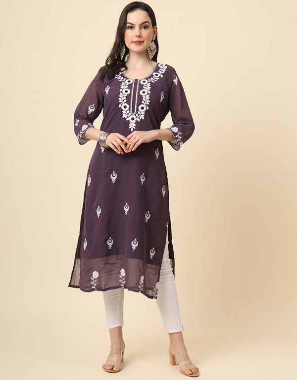 stylish embroidery work georgette designer party wear readymade long kurtis with lavender 13560-acy3391 Front View
